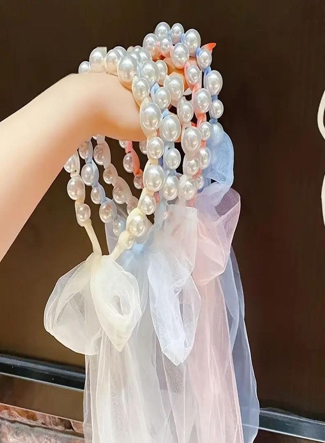 Ashkash 1Pcs Kids Girls Pearl Headbands with Chiffon Ribbon, White Pearl Hairbands Bridal Hair Hoop Cute Headbands Party Wedding Hair Accessories - Random Color - Image 1